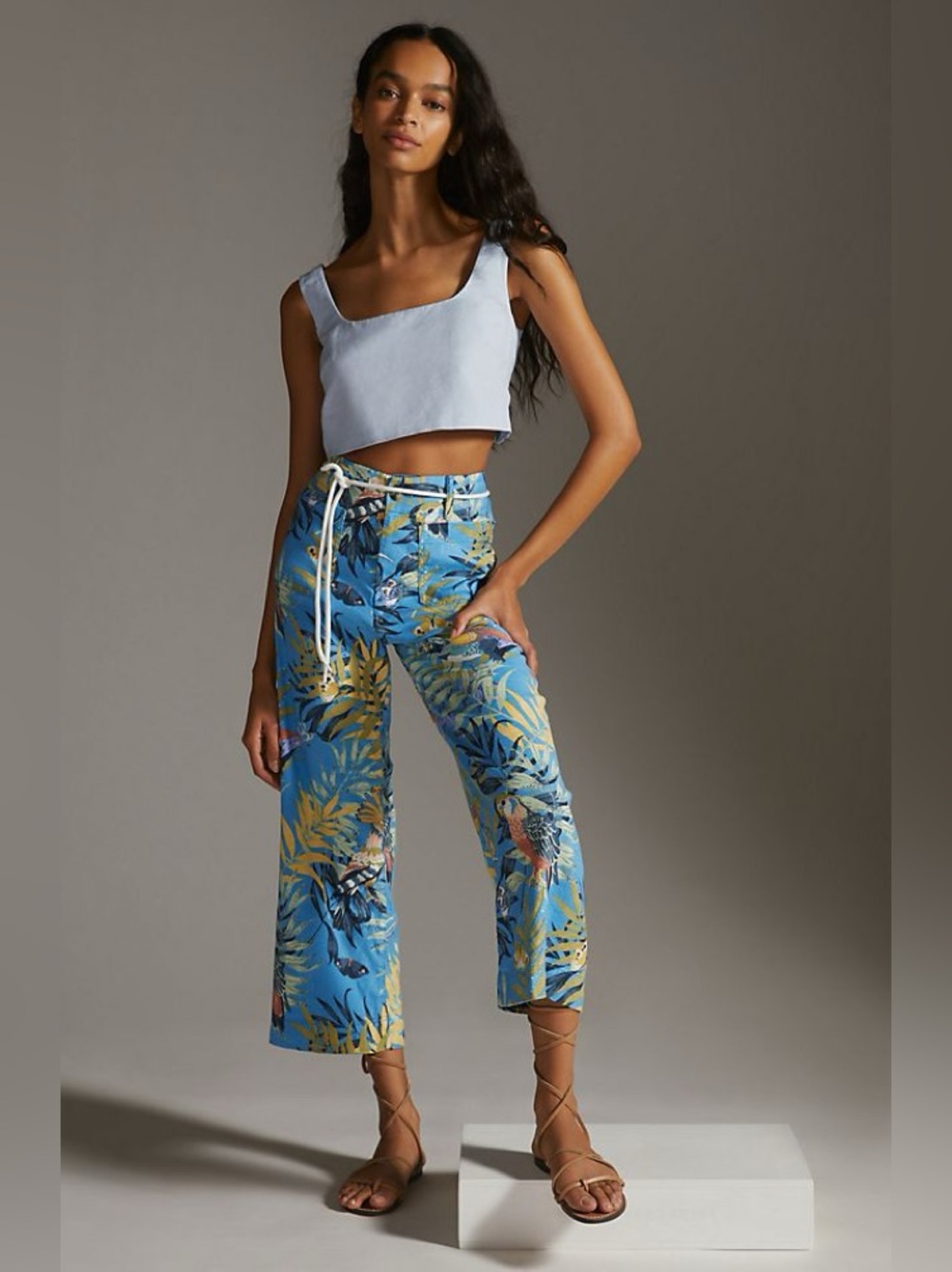 Maeve Anthropologie The Colette Tropical Bird Print Wide Leg Crop Pants Blue 2